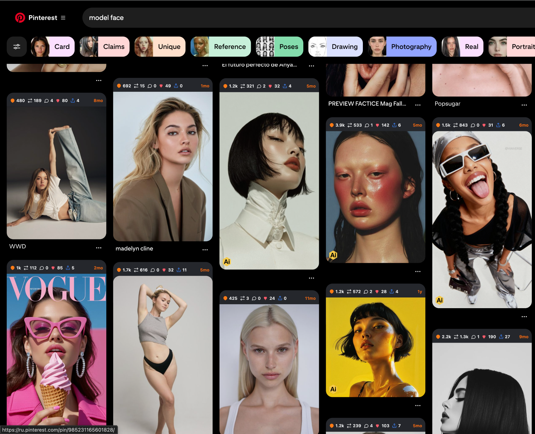 The same Pinterest feed in PinWasp dark mode with metric chips